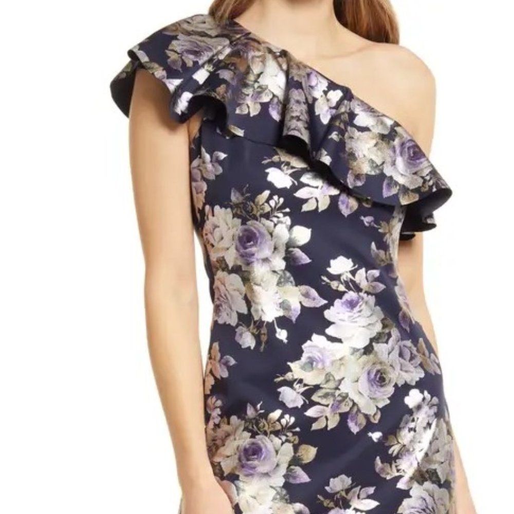 Eliza J Dress, Floral One-shoulder Navy-Blue, Size 12, NEW with TAG
